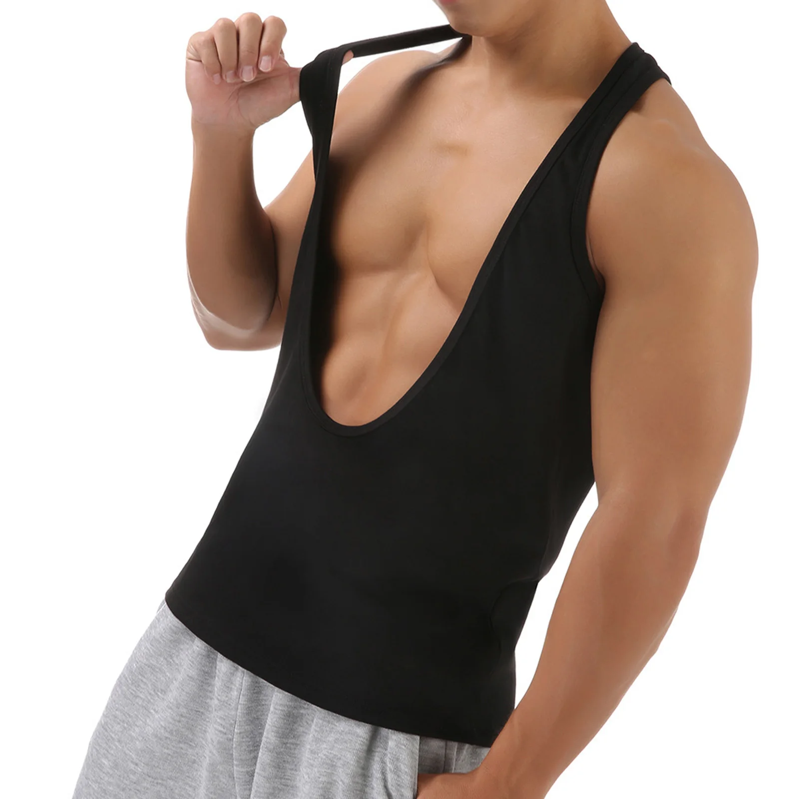 

#M-3XL Muscular Mens Stylish Deep U-Neck Tank Top Sleeveless Muscle Shirt Solid Color Vest for Sports Workout Bodybuilding