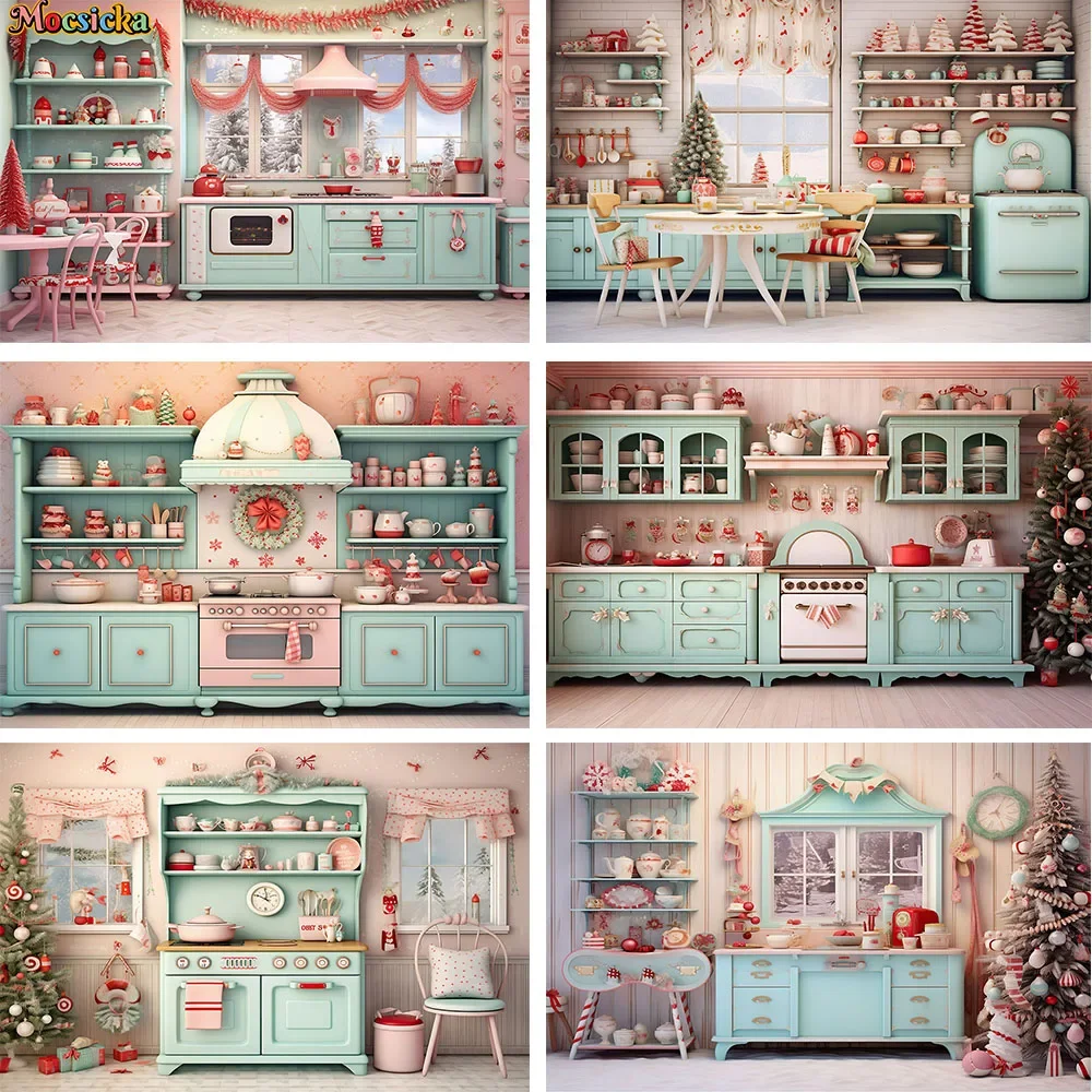 

Winter Christmas Kitchen Room Backdrop Blue Cupboard Decor Dessert Table Background Banner Kids Birthday Portrait Studio Photo