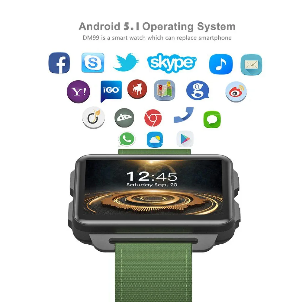 2.2inch Screen MTK6580 Quad core1GB 16GB Android OS 3G WCDMA Wifi GPS 1200mAh Battery Sport Smartwatch DM99 Smart Watch 3G