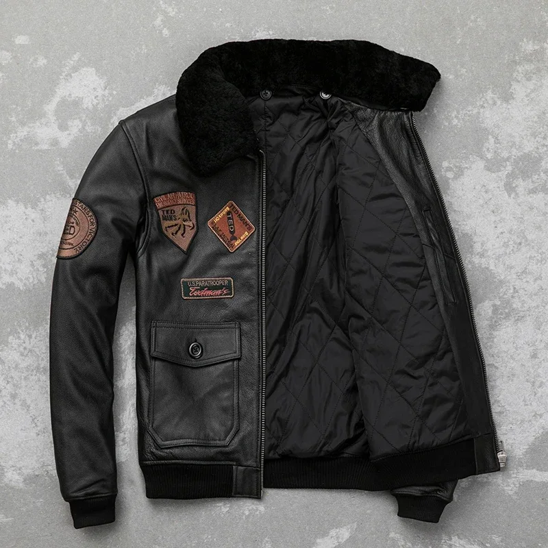 Detachable Natural Fur Collar Genuine Cowhide Men Leather Jacket Patches Flight Jacket Air Force Pilot Coat Winter Bomber Jacket