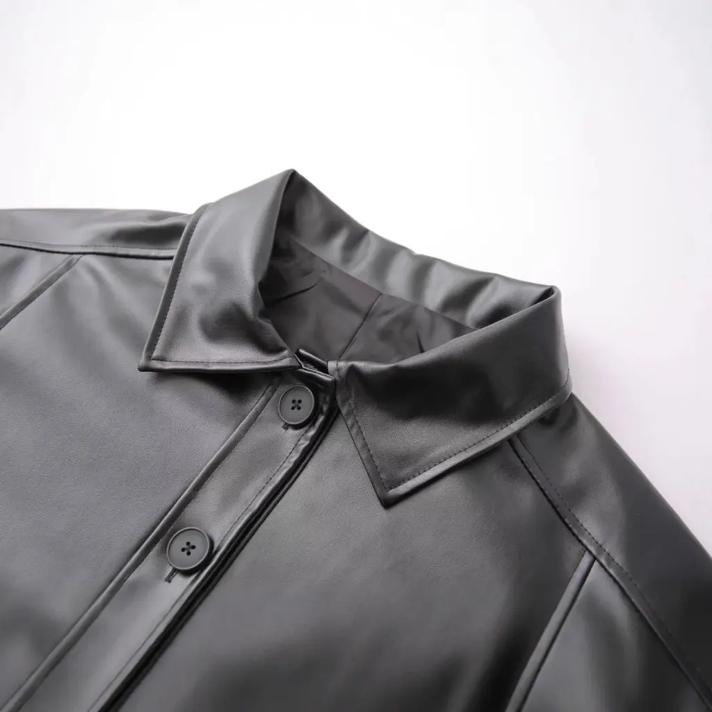 Women's Korean Style Loose PU Leather Jacket Small Lapel Vintage Girls' Outerwear Fashionable Casual Coat