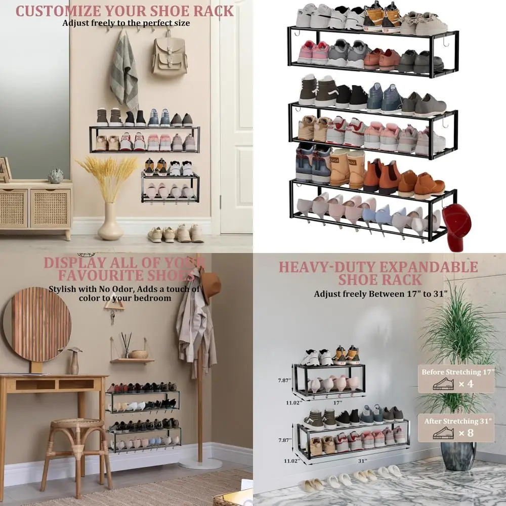 

Расширяемая полка для обуви на 24 пары, регулируемая, 17–31, сверхпрочный металл с 6 крючками, компактная для прихожей и шкафов