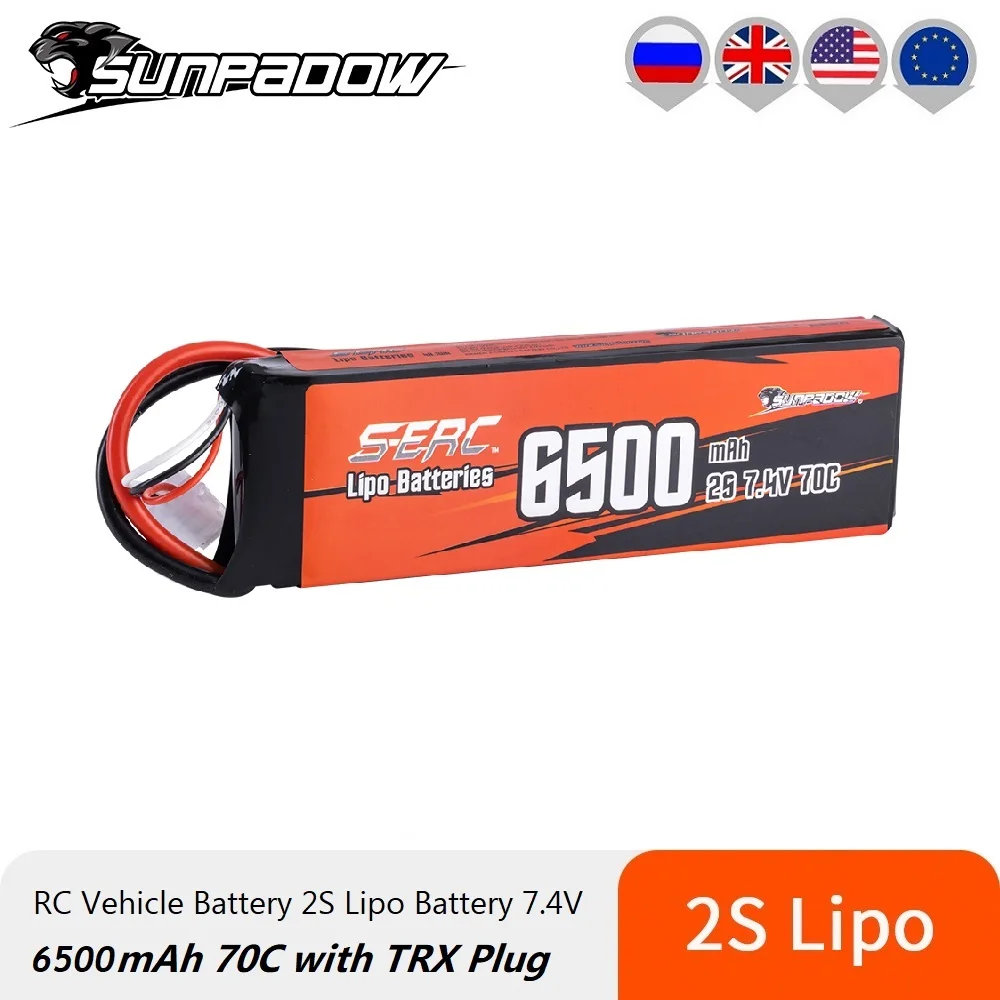 

Sunpadow 2S Lipo Battery for 6500mAh 7.4V 70C with TRX Plug RC Drone Drift Car Truck Vehicles Tank Traxxs Rechargeable Batteries