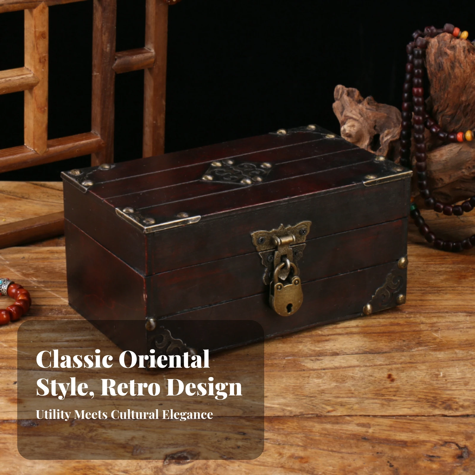 Rectangular Lockable Wooden Chest Metal Latch Decorative Pirate Treasure Box Wooden Jewelry Box Lockable Storage Chest view 6