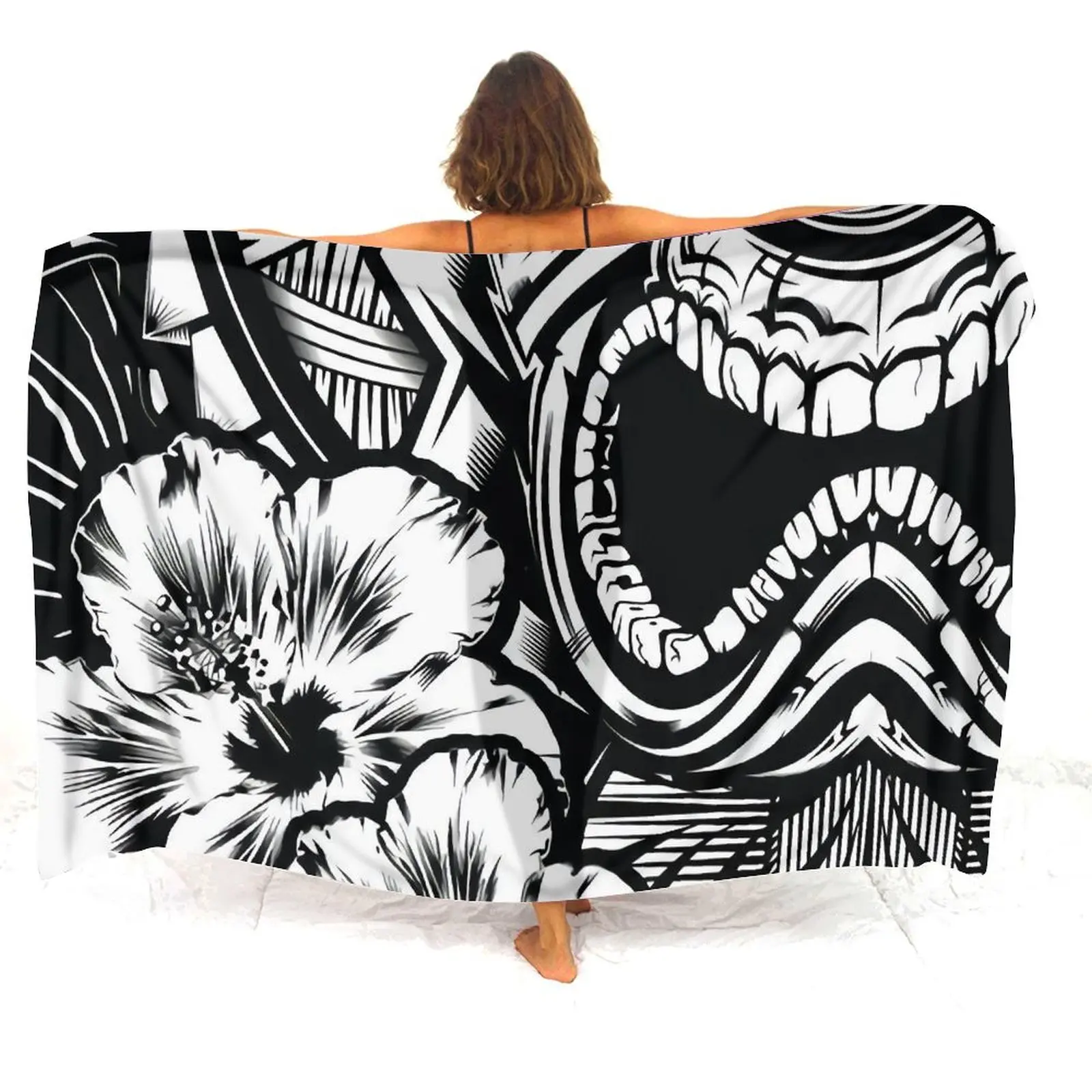 Tropical Seaside Sarong Soft Comfort Shawl Floral Print Custom Polynesian Ladies One-Piece Coat Beach Apron Retro Tribal Design