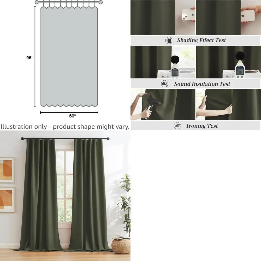 

Faux Linen 50x96 Dark Olive Green Thermal Insulated Blackout Curtains, 2 Panels for Bedroom/Living Room