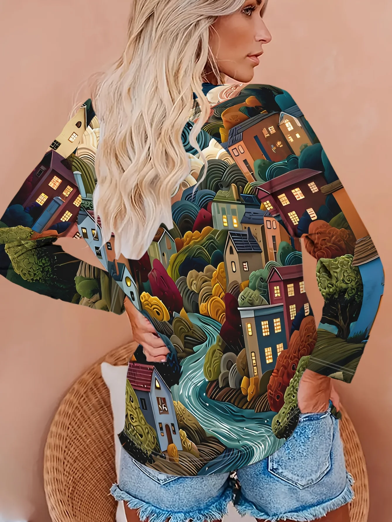 Women's Long Sleeve T-Shirt, Colorful Artistic Village Landscape Print With Houses Trees And River, All-Winter Holiday Style Top Suitable For Leisure And Sports Scenarios