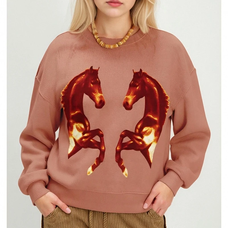 Damska luźna bluza Combhasaki w stylu Y2k z nadrukiem wieloryba/konia, z długim rękawem, okrągłym dekoltem, codzienna bluza oversize z kapturem.