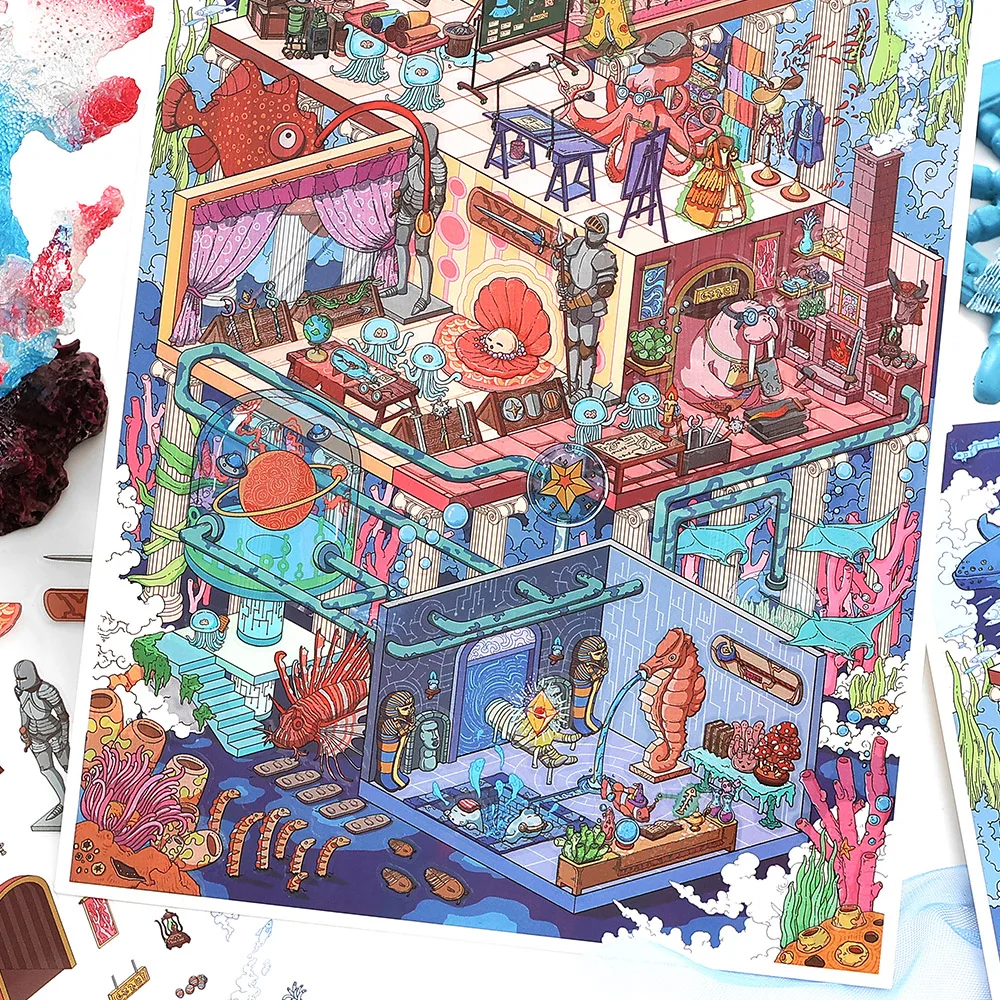 4 Pcs Deep Sea Pavilion 2.5D Diorama Stickers Extra Large Ocean Theme Decals for Journal Scrapbooking, Marine Culture Art Series