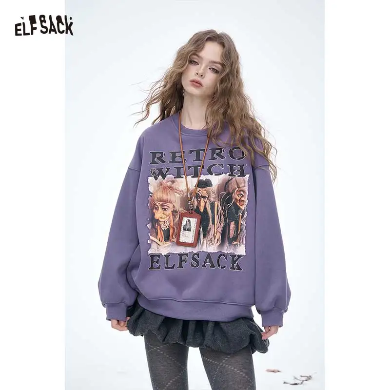 

ELFSACK 2025, зимние новые поступления Y2K, повседневная свободная однотонная толстовка с круглым вырезом и графикой для женщин