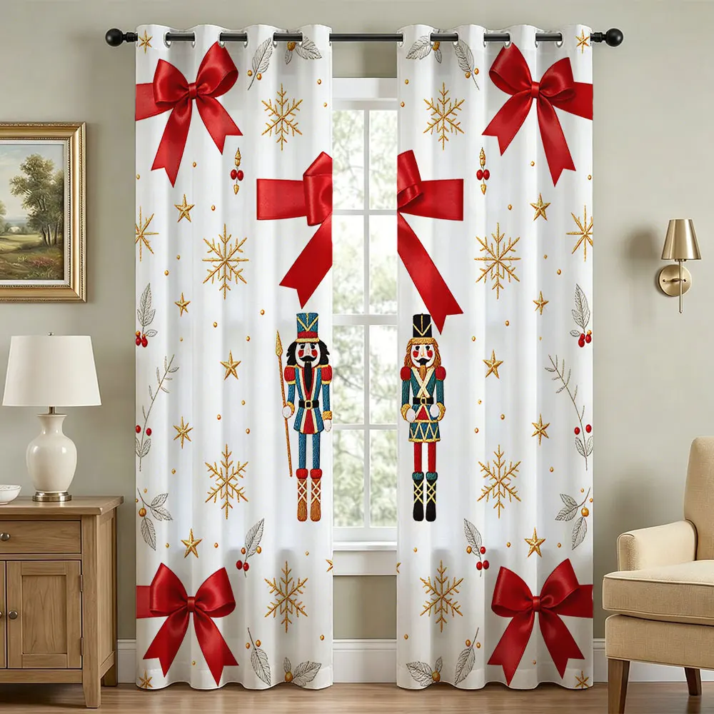 2pcs Christmas Nutcracker Snowflake Red Bow Blackout Curtains Perforated Double Sided Living Room Bedroom Privacy Protection
