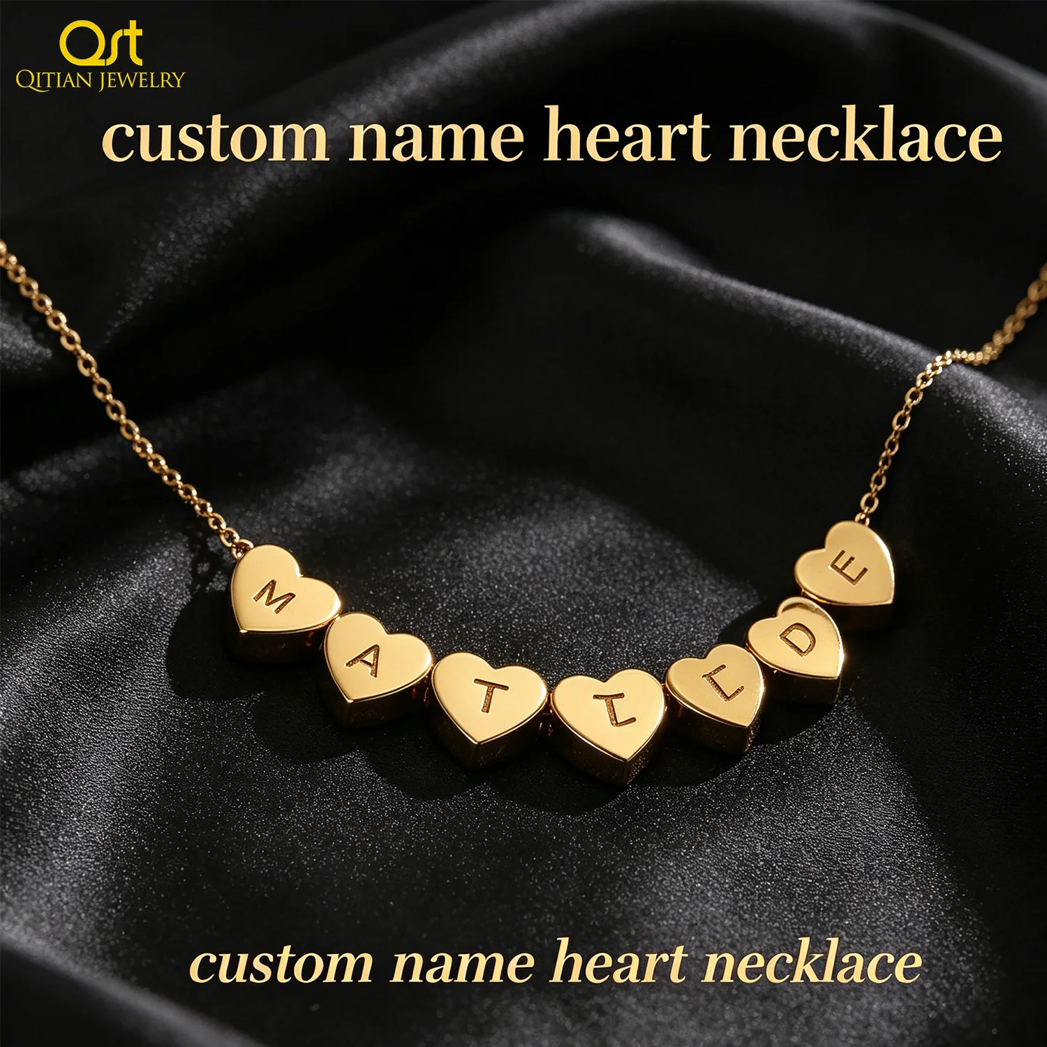 Custom Engraved Heart Bead Name Necklace 18gold Plated Personalized Love Letter Heart Pendant Delicate Chain Women Jewelry Gift