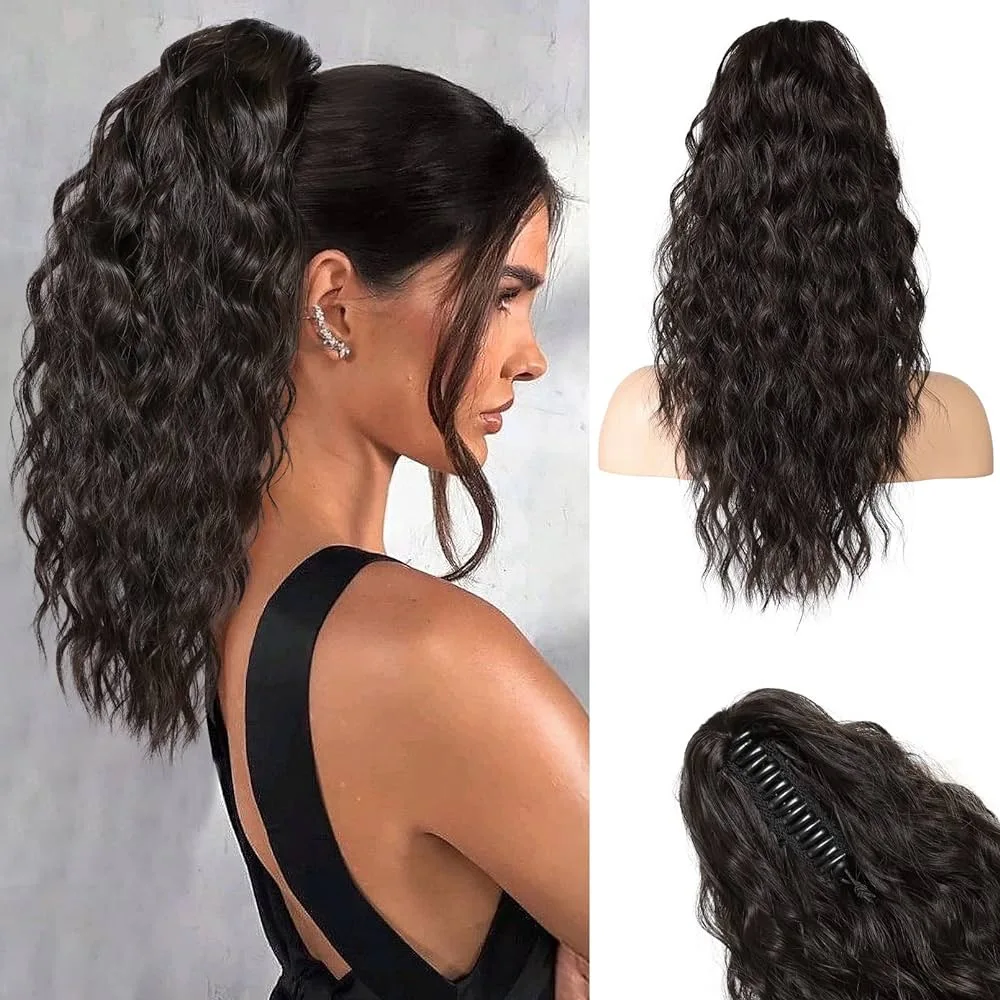 

Synthetic Water Wave Claw Clip Ponytail Black Blonde Heat Resistant Fiber Fluffy Messy Ponytail Hair Extensions For Women