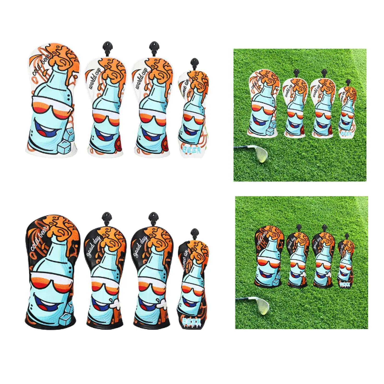 4 ชิ้นกอล์ฟคลับ Head Cover, กอล์ฟไม้ Headcover PU Premium Creative อุปกรณ์กอล์ฟ Golf Club Cover Protector สําหรับกลางแจ้ง