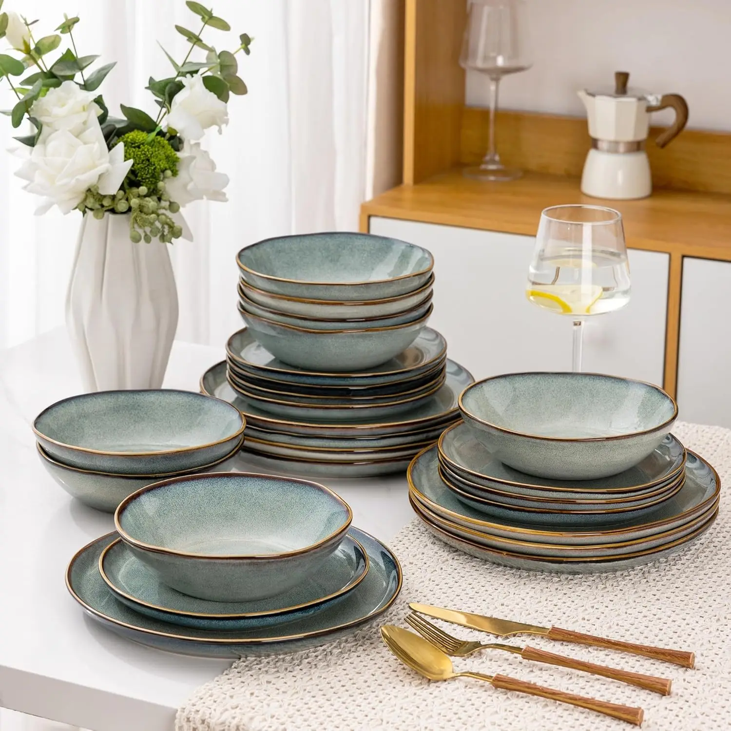 Ceramic Dinnerware Sets,Handmade Reactive Glaze Plates and Bowls Set,Highly Chip and Crack Resistant | Dishwasher & Microwave Sa