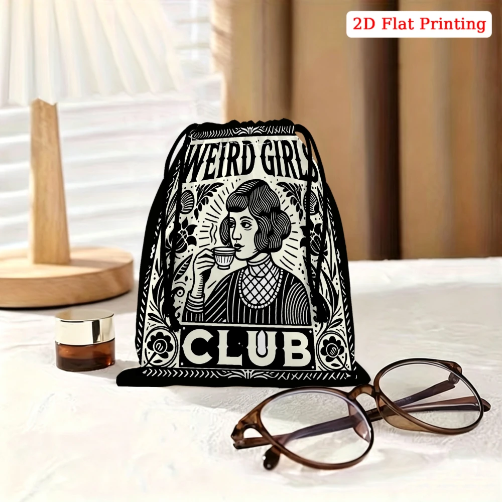 1Pc Vintage Style Drawstring Bag Black And White Weird Girl Club Print Storage Small Pouch For Travel Gym Cosmetics Organizer Wo