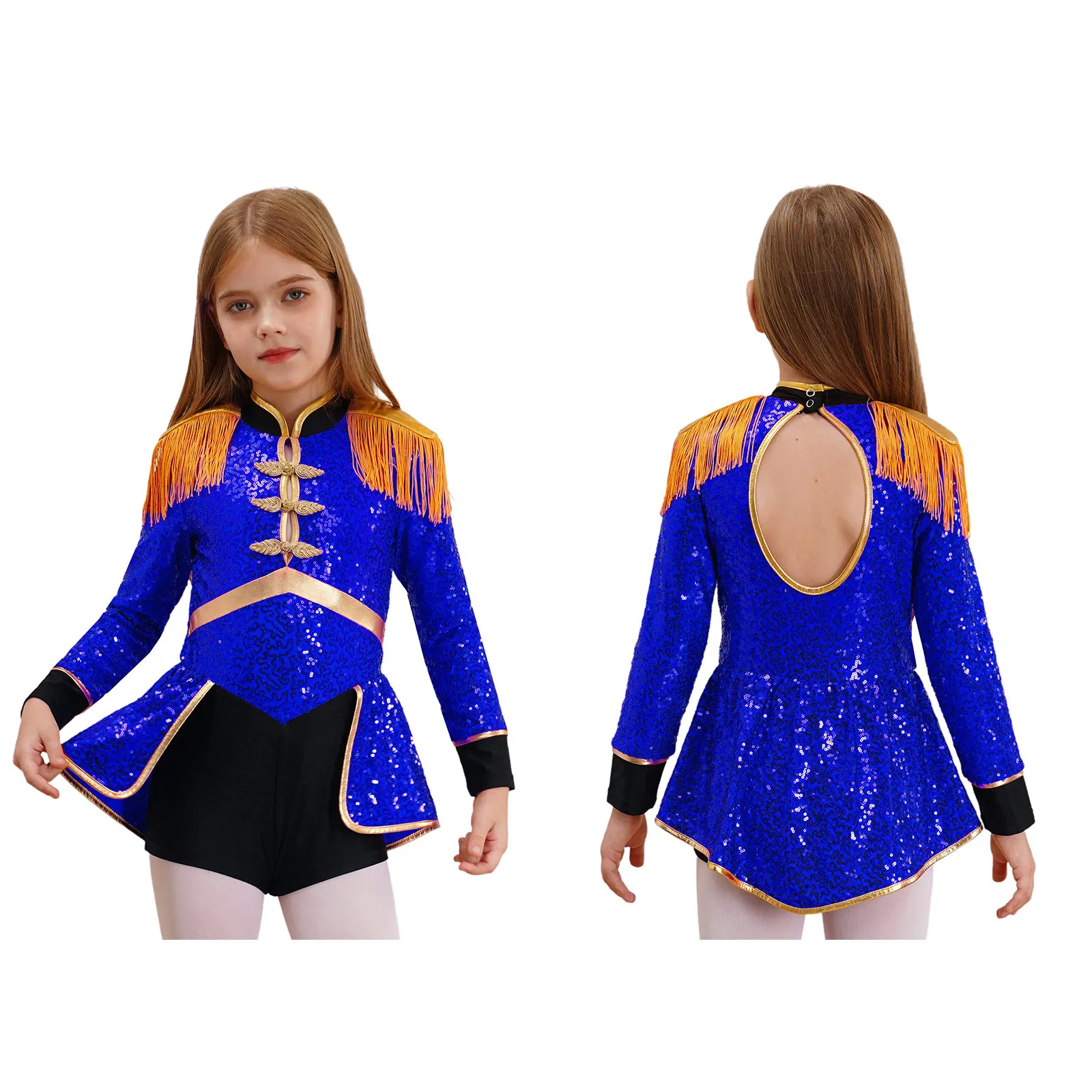 Hedmy Disfraz de Niñas de Ringmaster Disfraz Domadora de Leones de Circo Maillot Lentejuelas de Manga Larga con Diadema de Sombrero Disfraz Majorette de Banda 5-16 Años Azul Real B 15-16 años