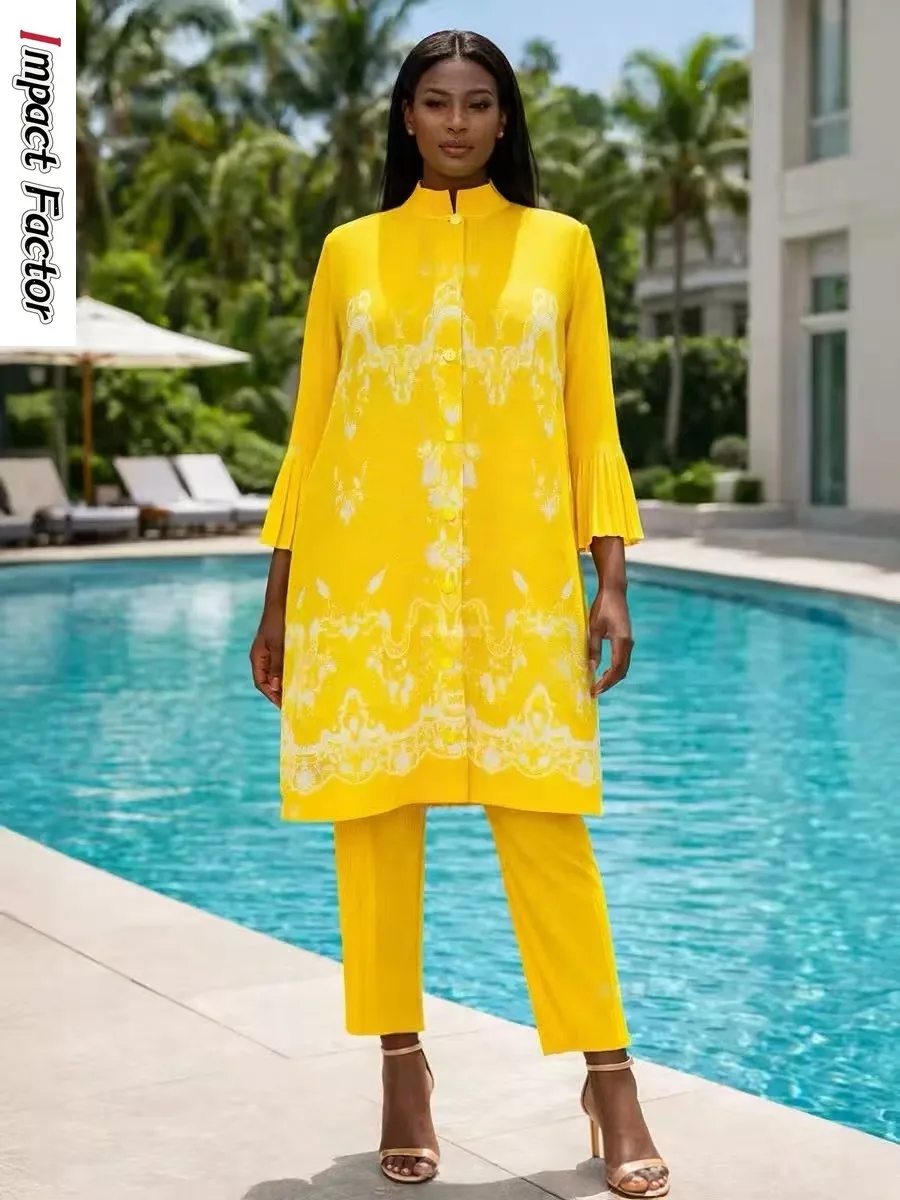 

African Loose Women's Clothing Yellow Printed Pleated Long Shirt Casual Pants Two-piece Set 2026 Miyake Wind Pleated Set