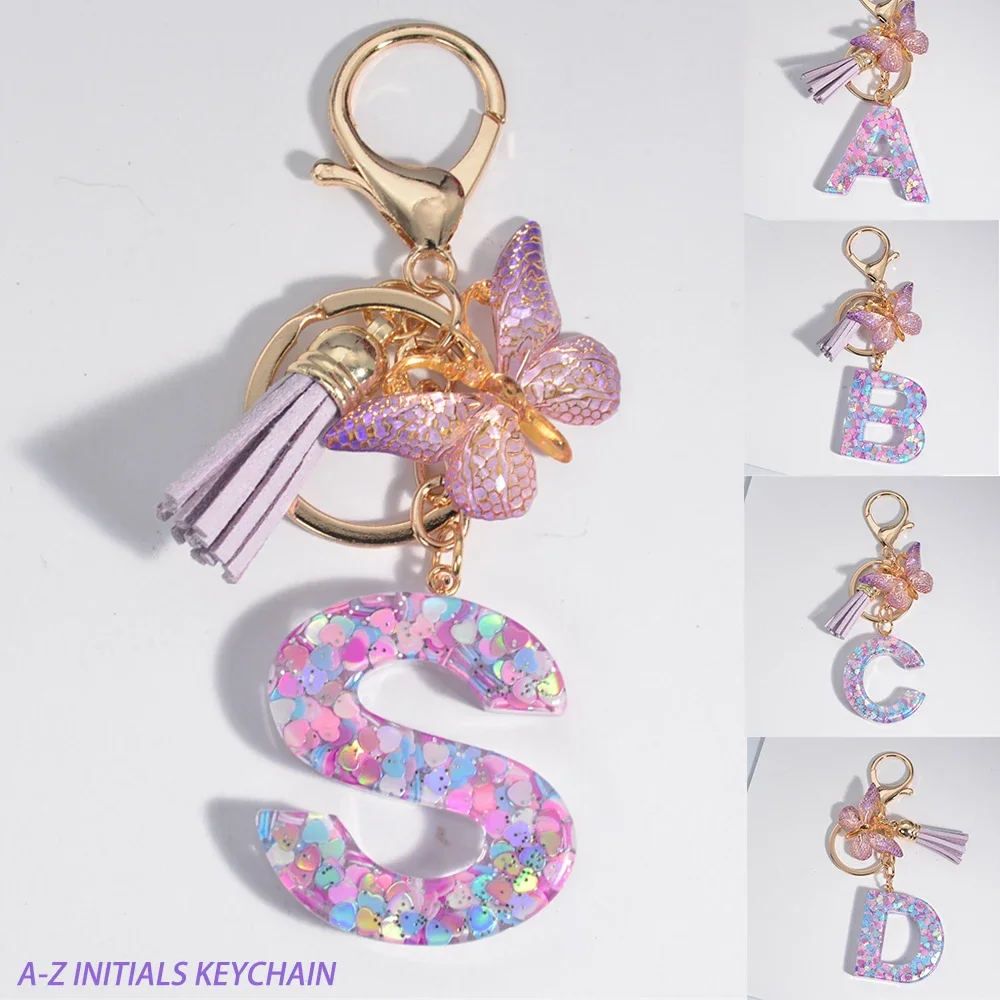 

A-Z Dreamy Sequin Letters Keychain for Women Tassel Butterfly Pendant Initial Keyring Purse Suspension Bags Charms Car Key Chain