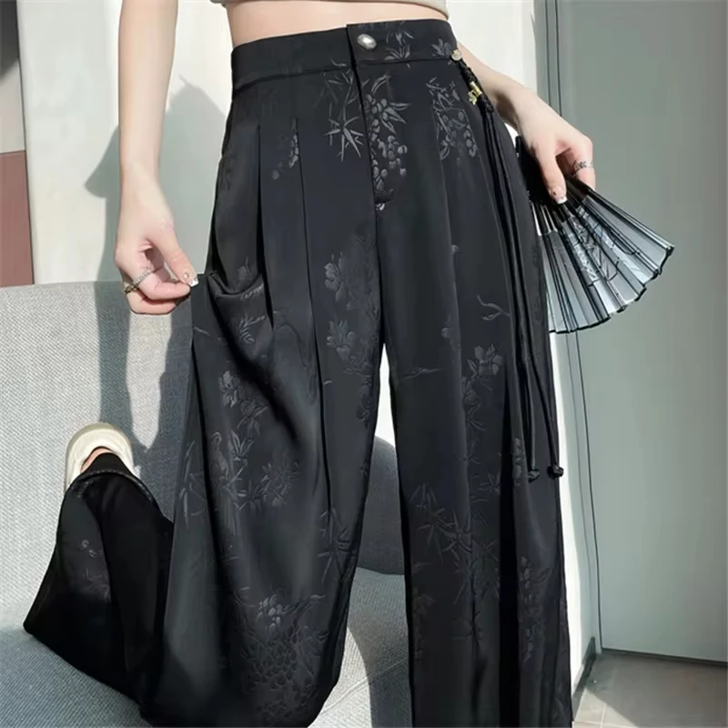 Harajuku Leisure Chinese Style Jacquard Wide Leg Satin Pants Women Elegant Solid Office Lady Women's Casual Loose Pants Female