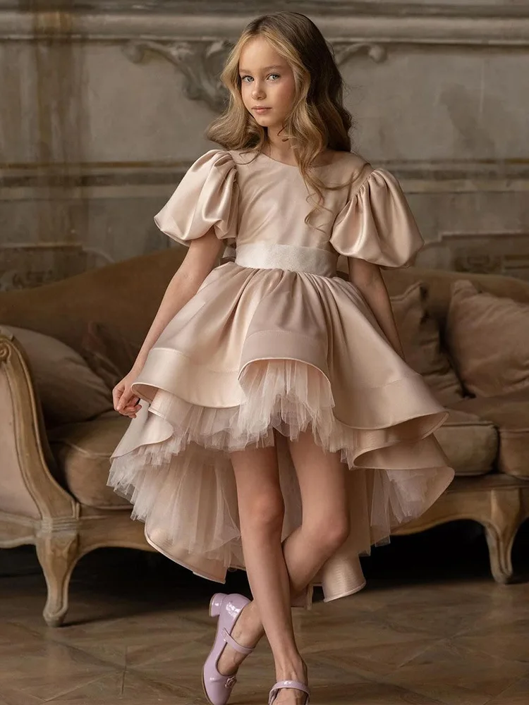 Robe de demoiselle d'honneur en satin pour mariage, tulle bouffant, col rond avec nœud, manches courtes, fête d'anniversaire, robe de Rhprincesse, première communion