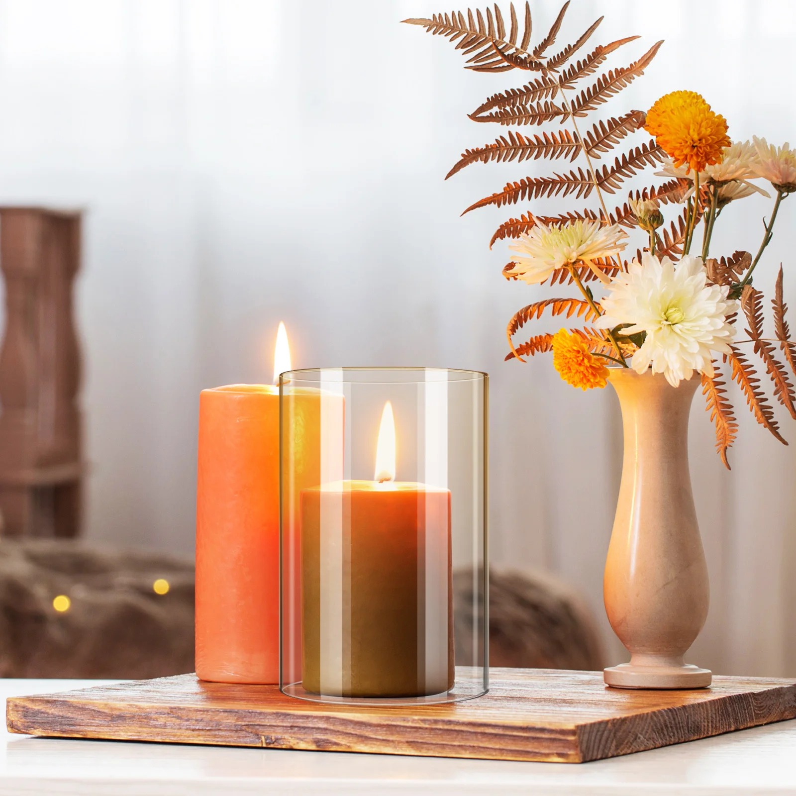 Soportes de vidrio transparente, cilindro a prueba de viento para velas de pilar, cubierta decorativa, centro de mesa, 2 uds.