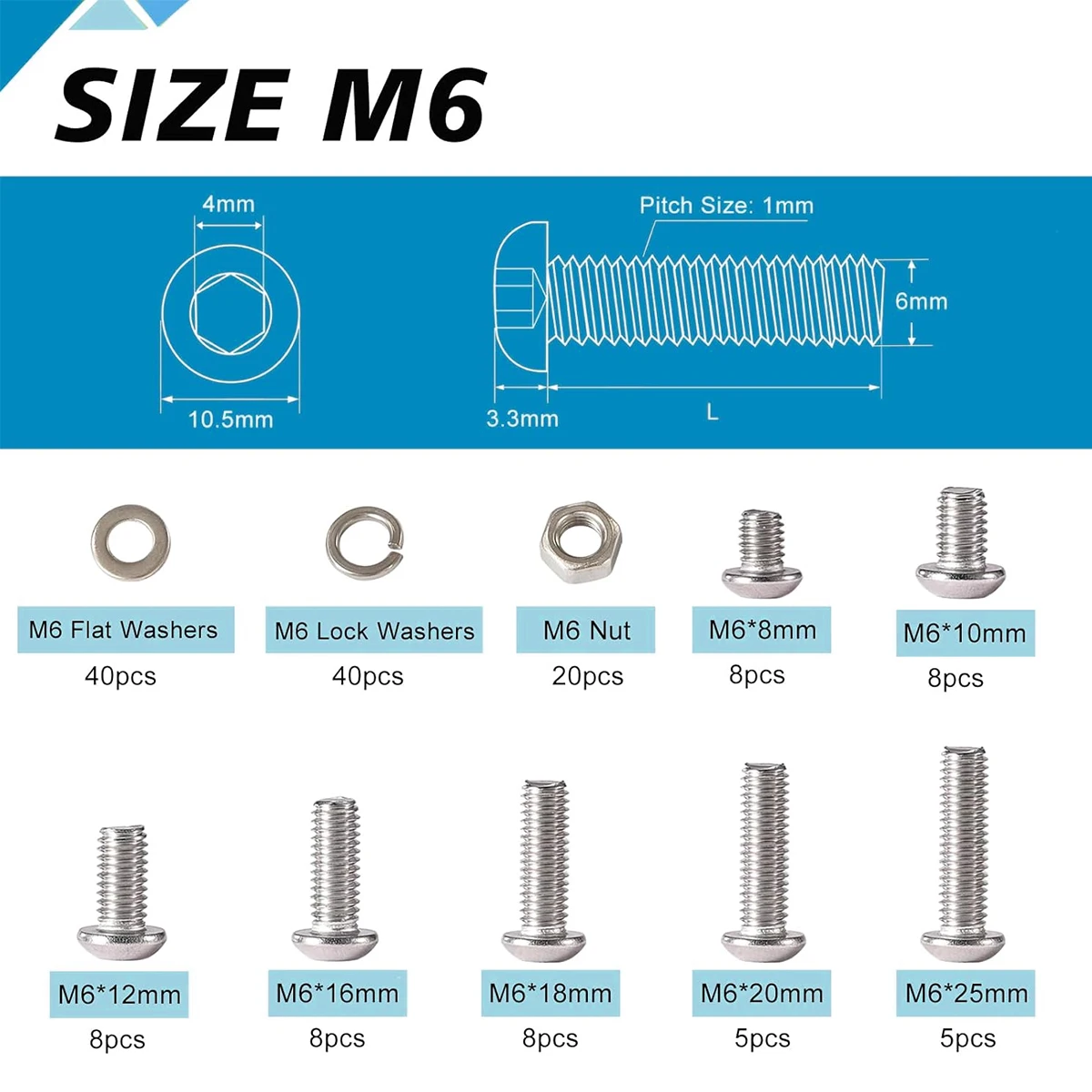 150Pcs 304 Stainless Steel M6x8/10/12/16/18/20/25mm Button Head Hexagon Screw Bolt Washer Nut Combination Kit Metric Hexagon