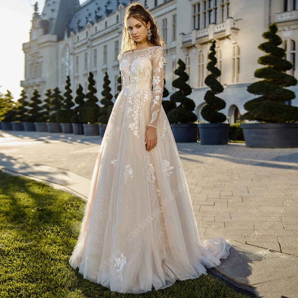 Elegant High Collar Wedding Dresses Elegant Lace Appliques A-Line Bride Gowns Long Sleeves A-Line Mopping Length Ball Bride Robe