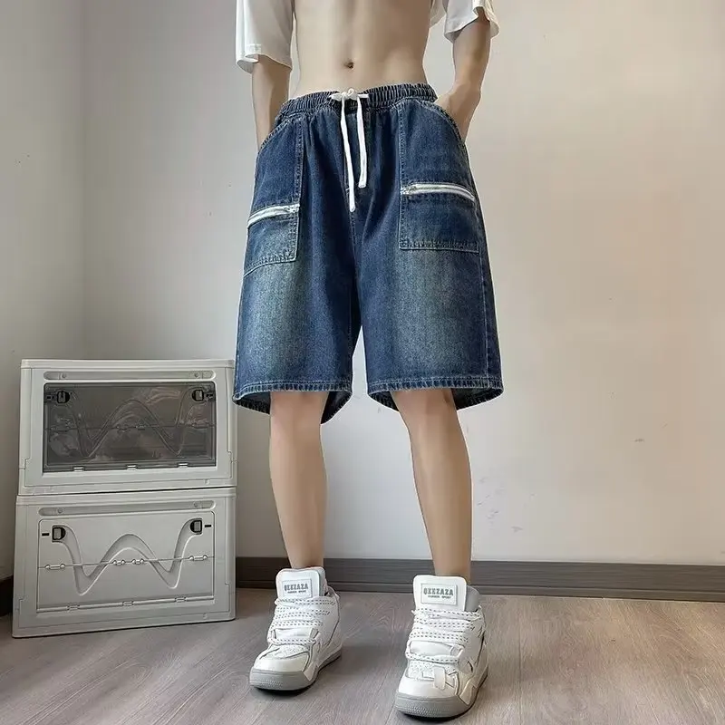 Calções masculinos verão baggy confortável desportivo denim grandes bolsos streetwear calças de trabalho estilo americano chique clássico respirável