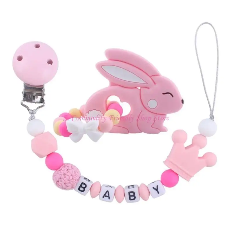 

85AE Baby Pacifier Clip Chain with Silicone Cartoon Rabbit Teether Set Chewable Beads Nipple Holder Baby Rattle Teething