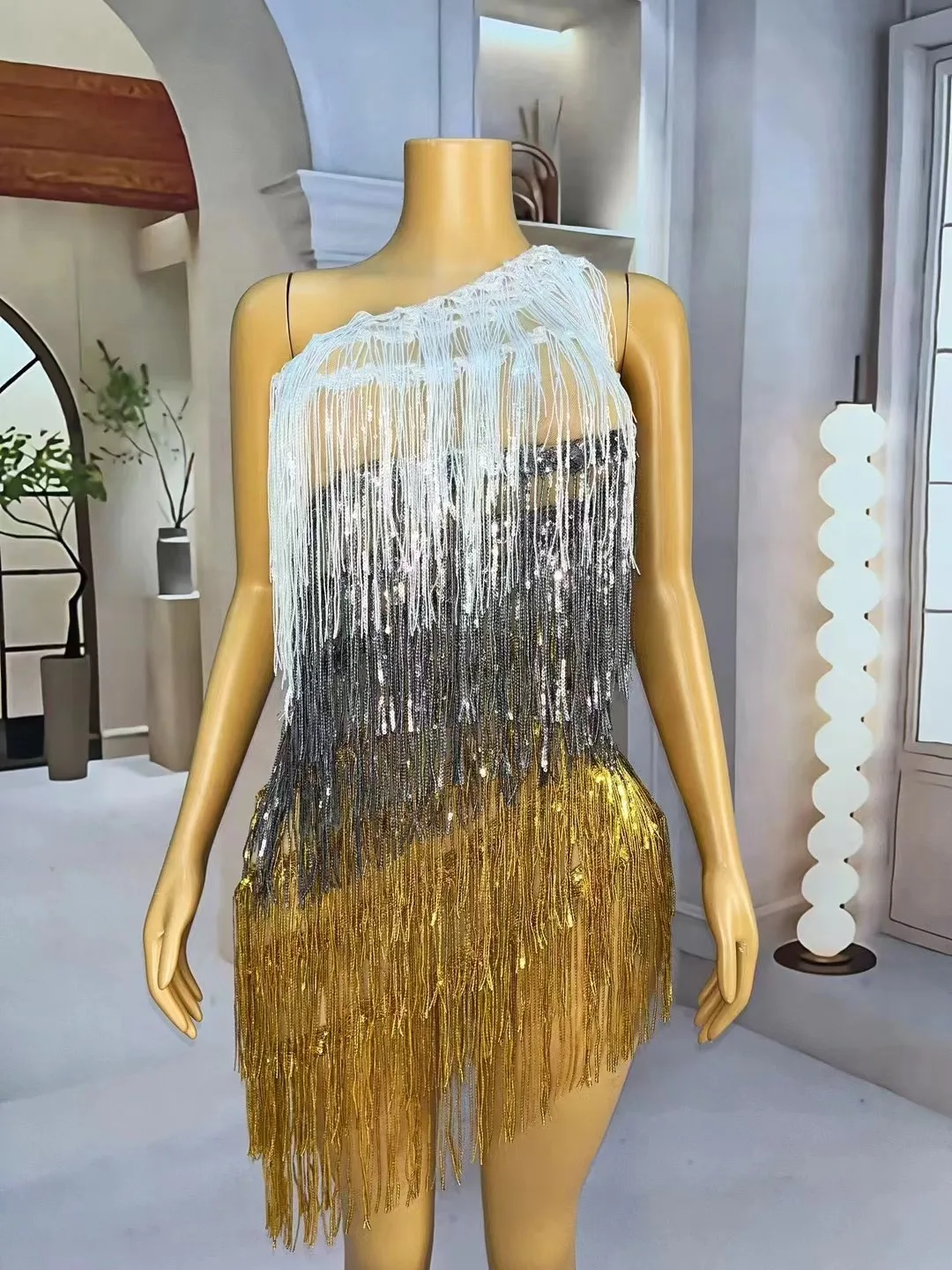 

Tassel Single Shoulder Dress Sexy Sequins Transparent Sleeveless Party Birthday Celebrate Fringe Dress Stage Performance Costume