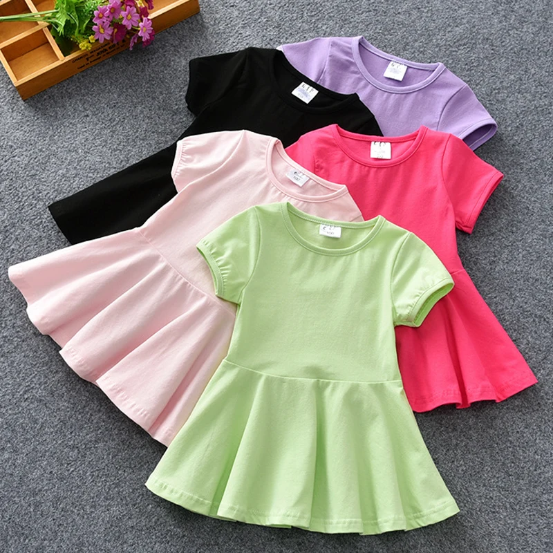 

1-7Y Kid Girl Dress Solid Casual Short Sleeve Children Clothing Birthday Party Costume Cotton Toddler Girl Dress Baby A1120