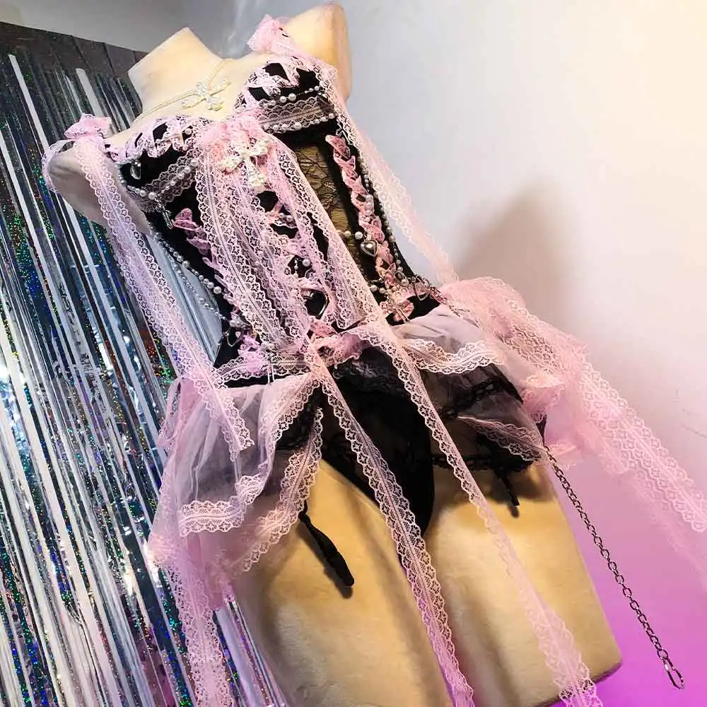 

Топы в стиле панк-рок 90-х DIY, кружевные, ручной работы, кавайные, с сердечками, готические, для подростков, клубная одежда, Харадзюку, E-Girls, готика, эко-гранж, эмо