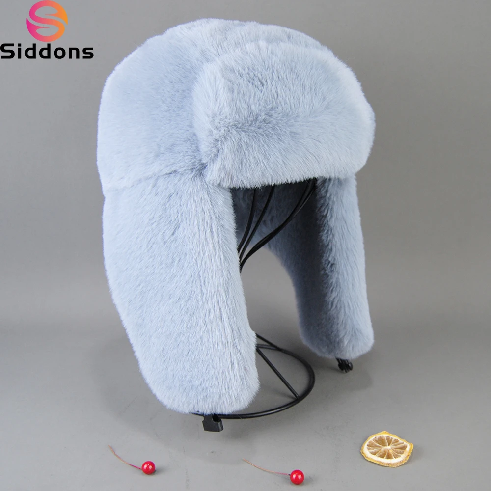 2024 Winter Russian Man Woman White Skin False Rex Rabbit Fur Hats Luxury False Rex Rabbit Fur Cap Unisex False Fur Bomber Hat