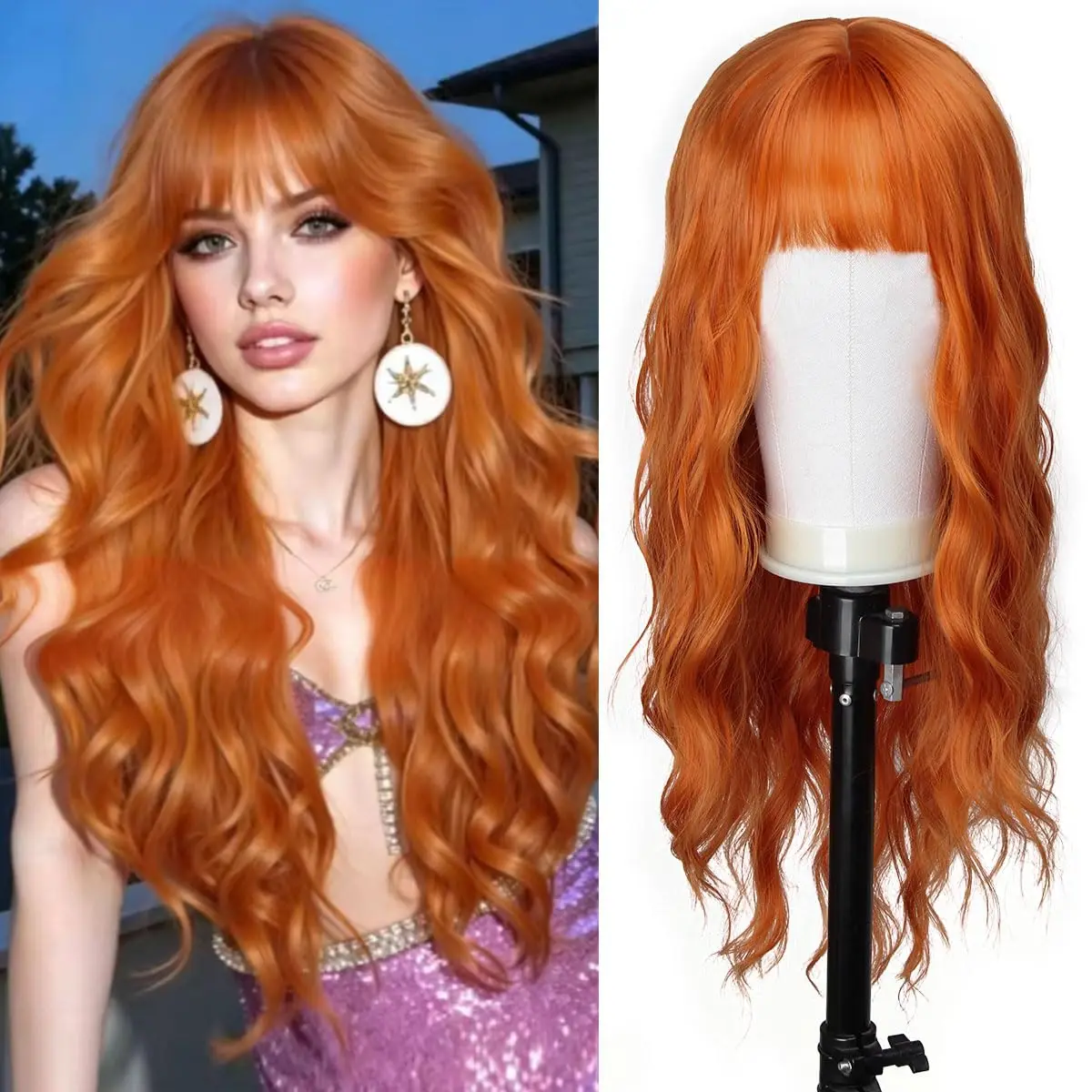 Orange Synthetic Wig with Big Waves for Halloween Cosplay Wig for Role-Playing Party Wig with High-Temperature Threads Wig Set