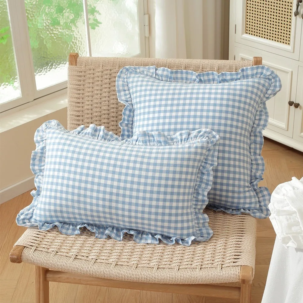 Soft Cotton Throw Pillow Cover Lotus Leaf Skirt Edge Solid Color Ruffled Edge Pillowcase Comfortable Plaid Print