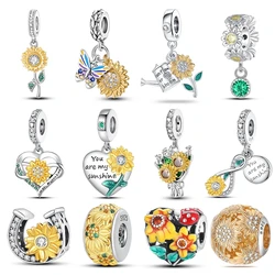 New 925 Sterling Silver Fashion Golden Sunflowers Heart Charms Beads Fit 925 Original Bracelets Luxury Party DIY Jewelry