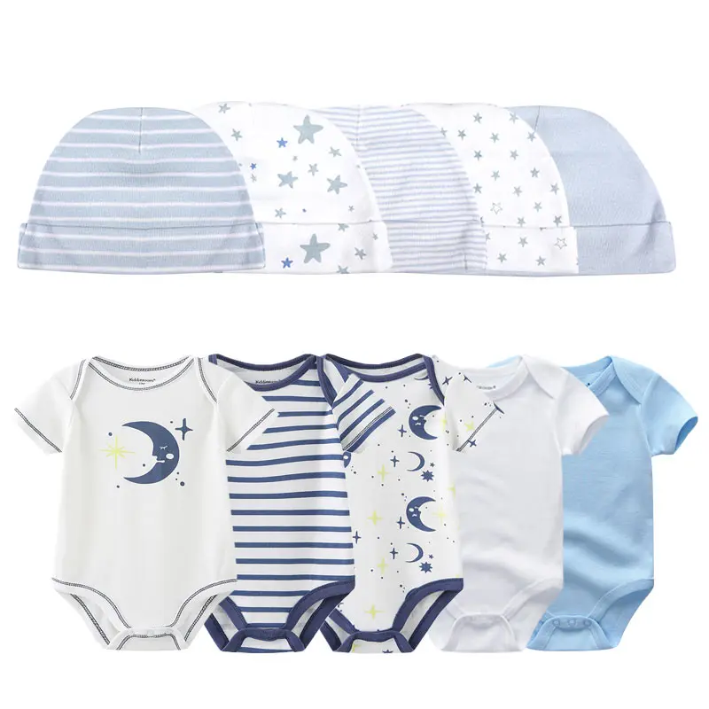 Unisex 10Pcs Cotton Outfit, Elephant Giraffe Moon Print Short Onesie Star Striped Beanie For Newborn Boys Girls