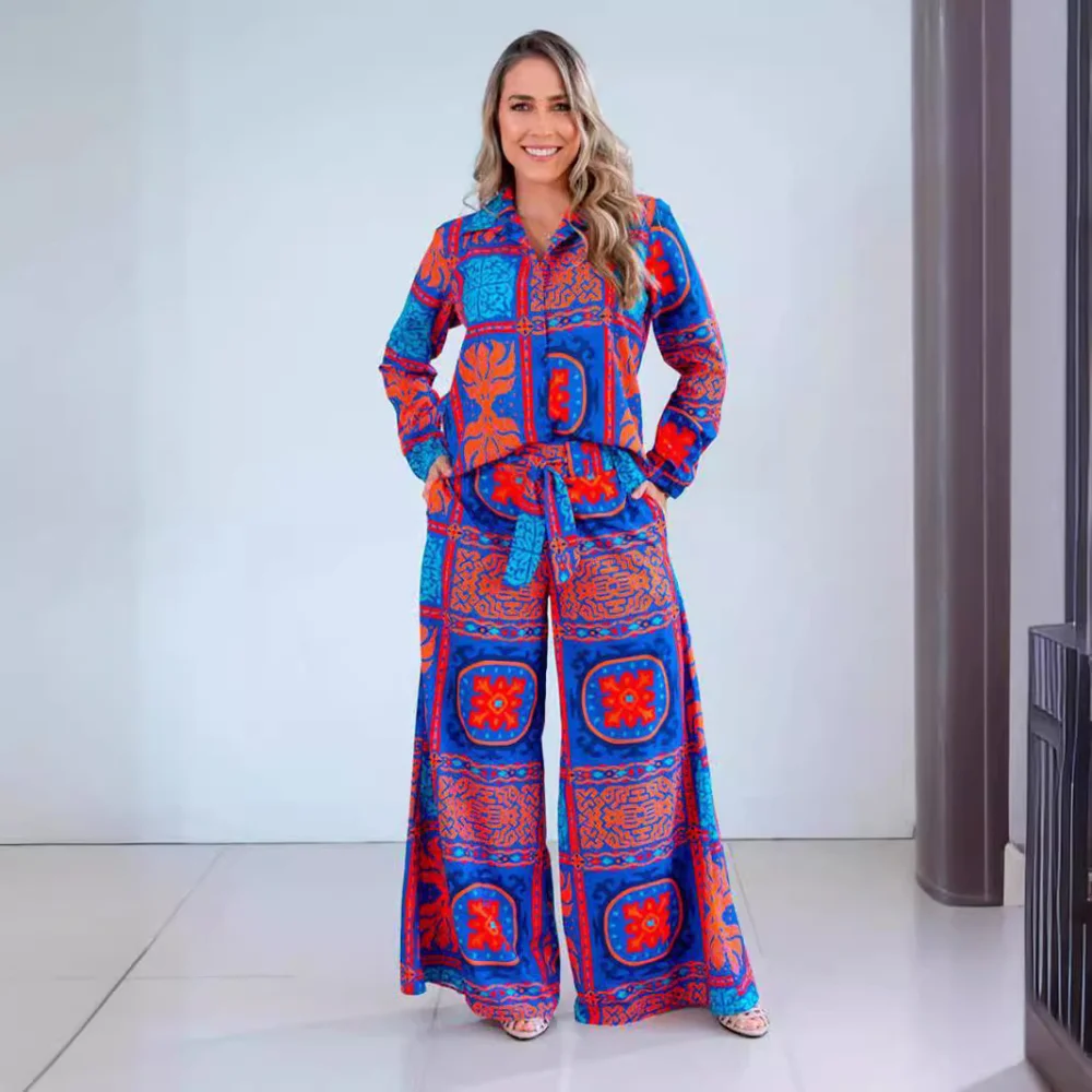 

2024 New Women's Casual Elegant Temperament Blue Printed Strap Wide Leg Pants Set Two Piece Sets Womens Outifits