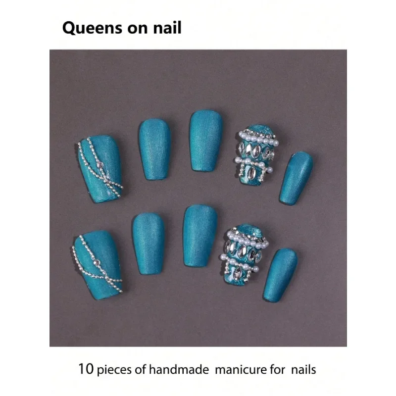 

10 Pieces Of Handmade press on Nails, Ballet Style False Nails/Smudged/Oversized Sparkling Diamonds/Pearls/Golden Stripes