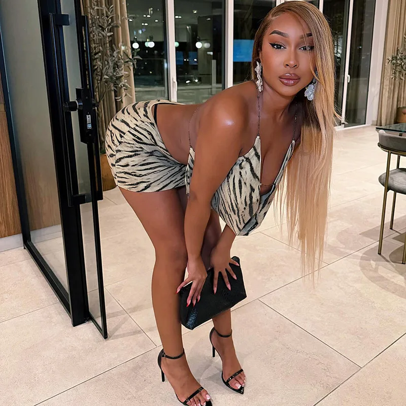 Zebra Stripes Print Sequins Women Sexy 2 Piece Set Swinging Collar Metal Chain Camis Tops + Bodycon Mini Skirts Club Party Suits