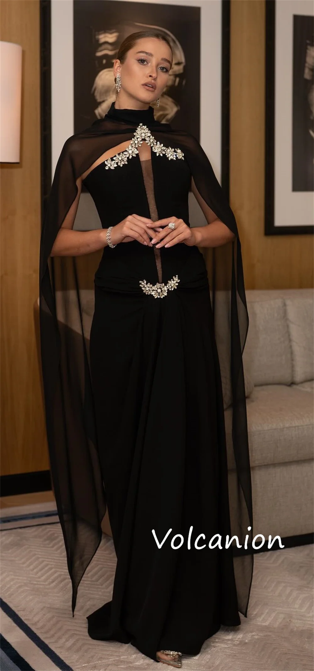 Customized Elegant Jersey Pleat Sequined Trumpet High Collar Long Dresses Bespoke Occasion Modern Style