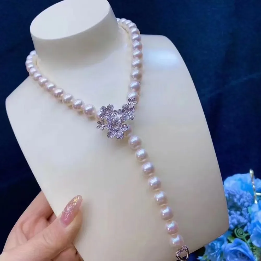 

DIY Pearl Accessories S925 Sterling Silver Single Row Pearl Necklace Button Head Women's Gold Silver Sweater Chain Beaded Buckle