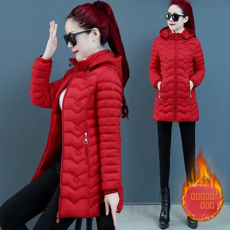 Herbst Winter Damen Mode Slim Fit Daunenjacke Mittellange Wattierte Übergröße Muttermantel Koreanischer Stil Pendlerkleidung
