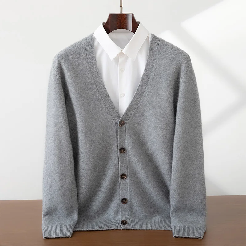 

100% pure cashmere men's knitted cardigan autumn and winter thick solid color V-neck sweater business casual cashmere jacket