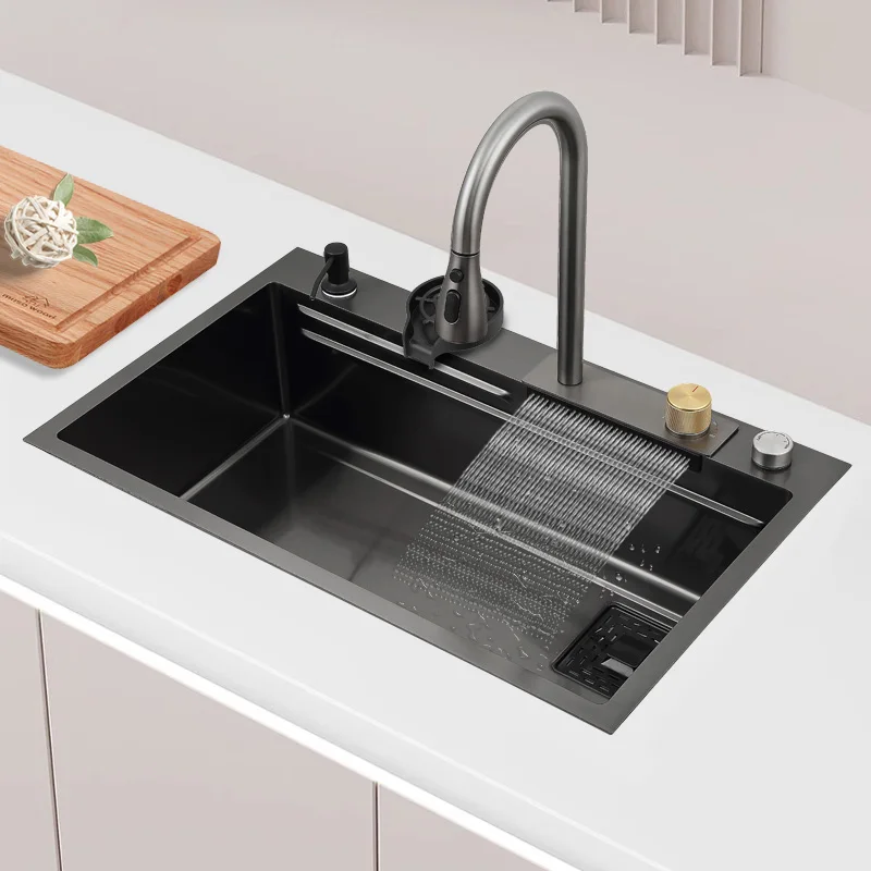 HM-7546B smart sink  step black nano handmade single sink kitchen with faucet modern stainless steel waterfall kitchen sinks