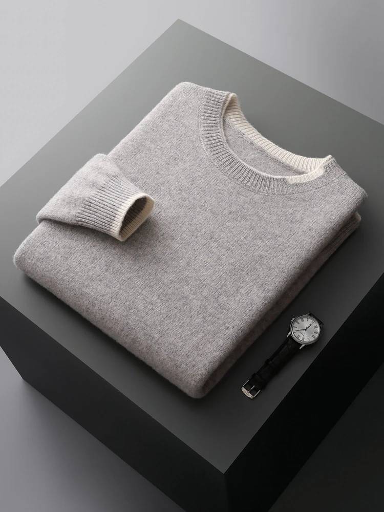 New Men 100% Wool Sweater Long Sleeve Cashmere Pullover Autumn Winter Fake Two Pieces Soft Warm Knitwear Casual Jumpers Tops