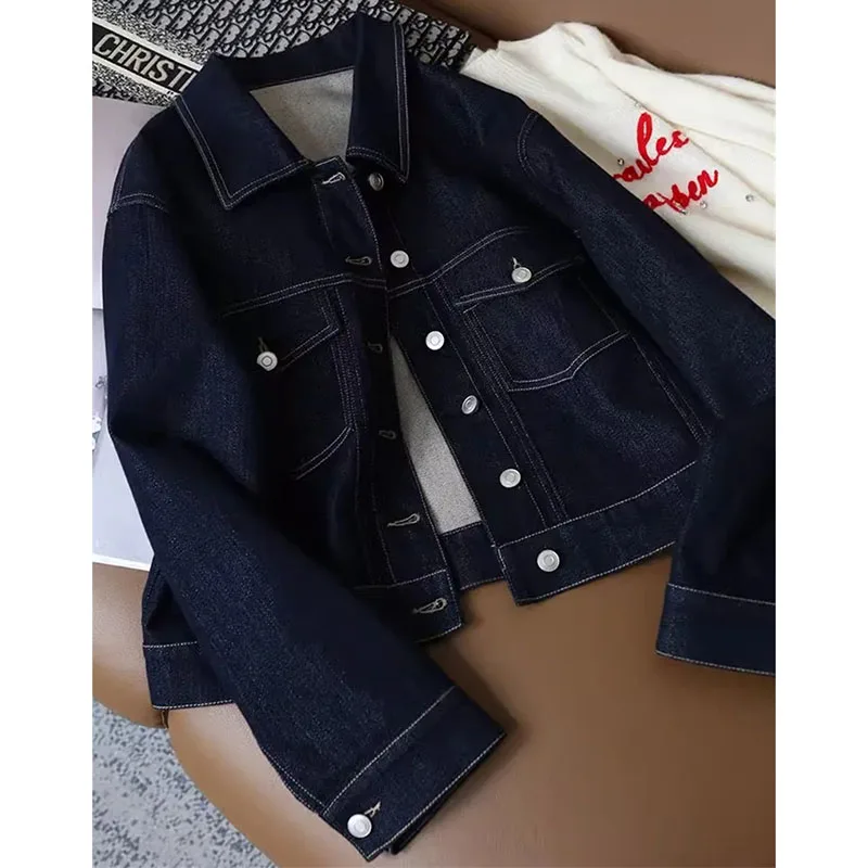 

Женская модная повседневная свободная джинсовая куртка в корейском стиле, с длинными рукавами, весенне-осеннее женское укороченное джинсовое пальто с элементами пэчворка
