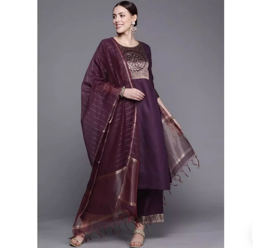 Indian Traditional Clothing - Jacquard Weaving Cotton Blend 3-Piece Set