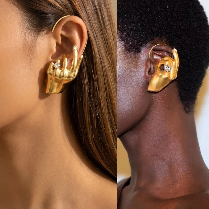 Gold Color Metal Palm Large Ear Hooks Exaggerated Abstract Statement Earrings Niche Unique Women Jewelry Gift